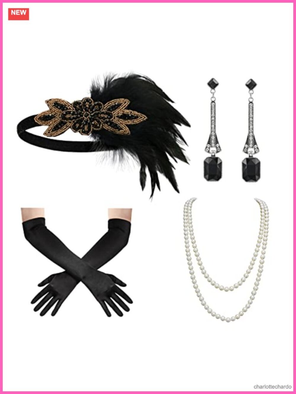 1920s Gatsby Accessories Set Flapper Headband Pearl Necklace Satin Gloves